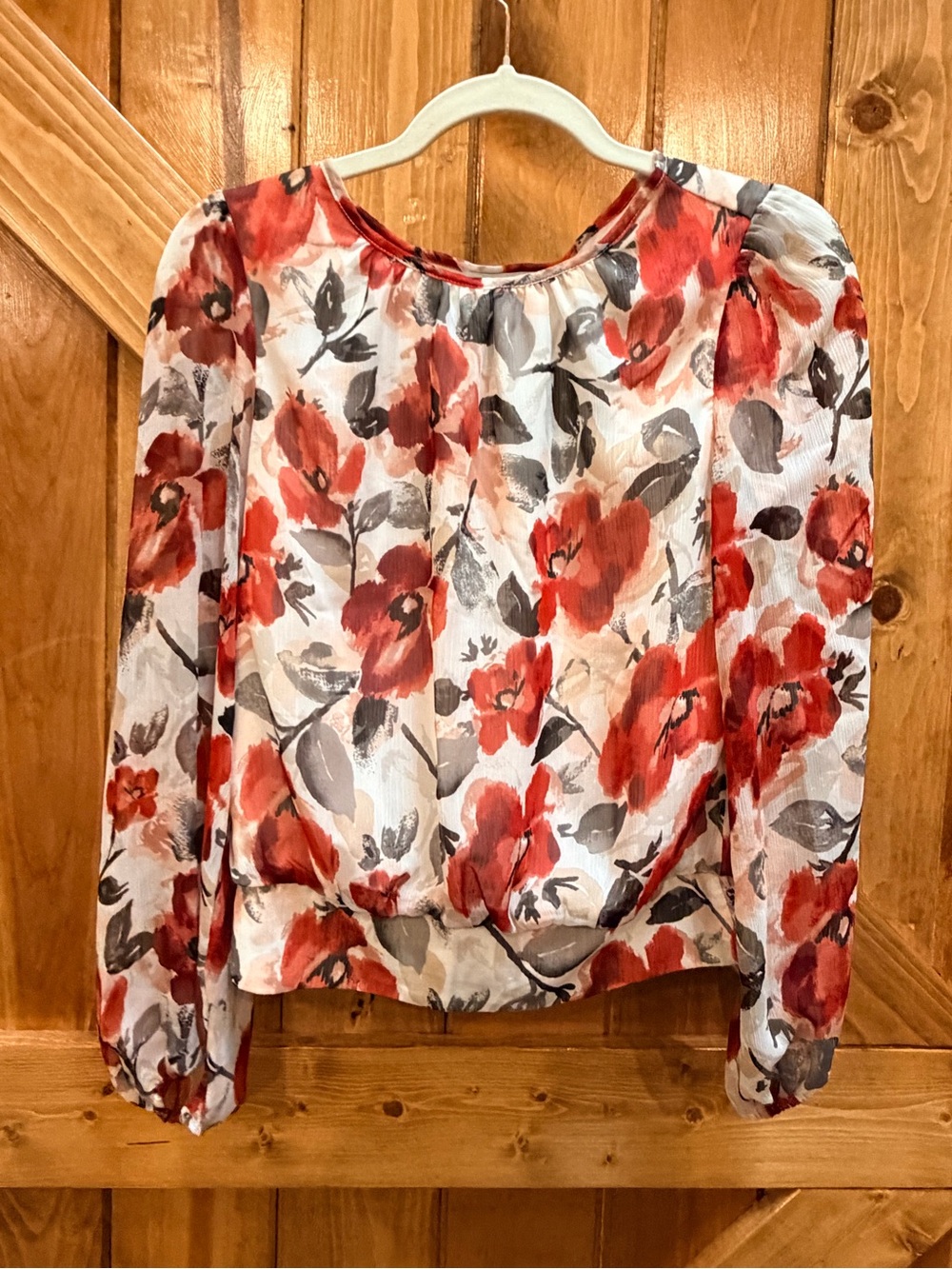 WHBM Floral Chiffon Blouse Red Watercolor Print Top
